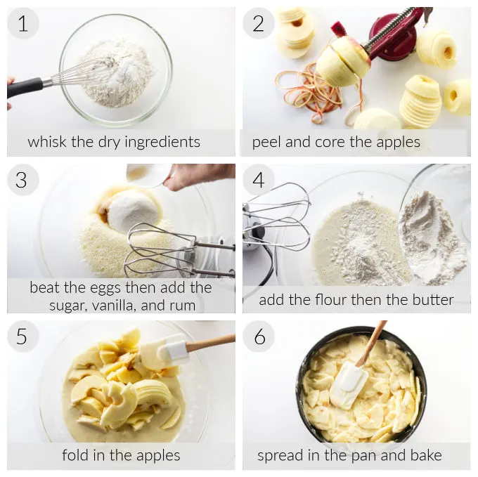 A collage of 6 photos showing how to make a French apple custard cake.