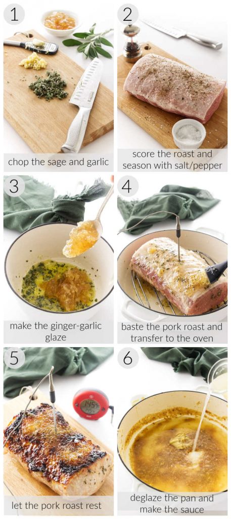 Process photos showing the steps for making a pork roast with garlic ginger glaze.