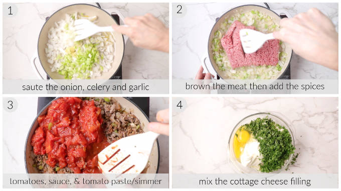 Collage of 4 photos showing how to make the meat sauce and cottage cheese filling for a lasagna.