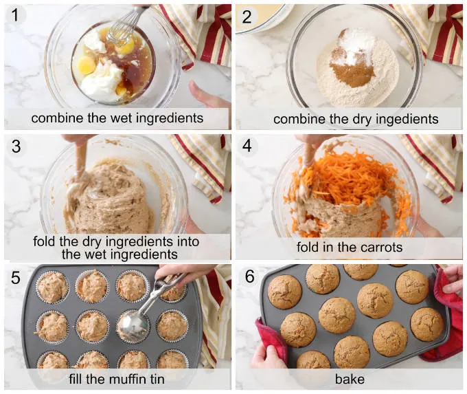 process photos showing how to make whole wheat spelt carrot muffins