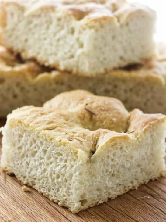 a thick square of light and airy Focaccia bread