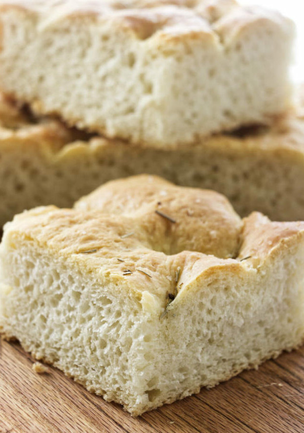 a thick square of light and airy Focaccia bread