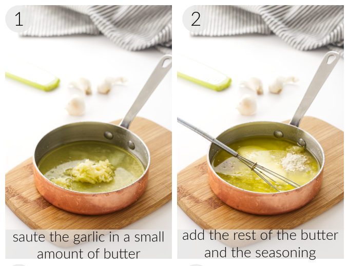 Collage of two process photos showing how to make garlic butter sauce.