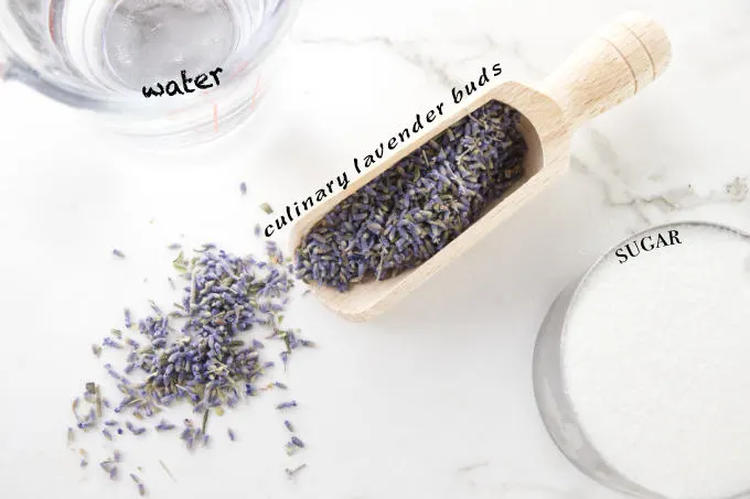 Ingredients used to make lavender syrup.
