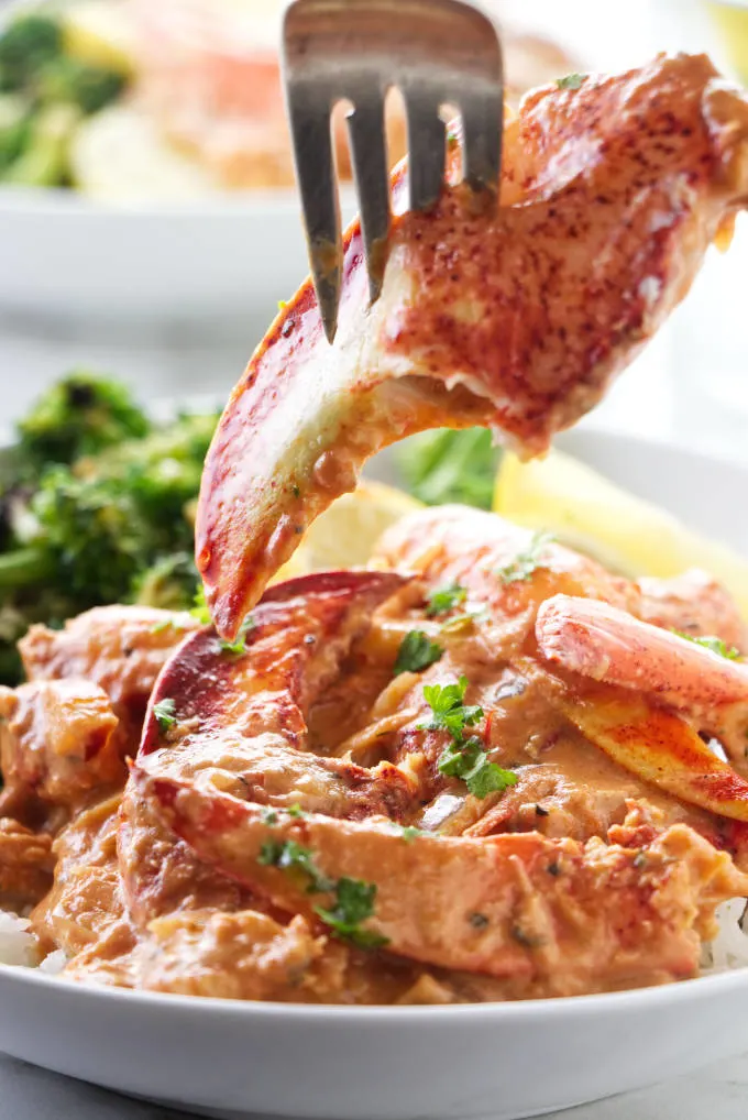 A lobster claw on a fork with tomato cream sauce.
