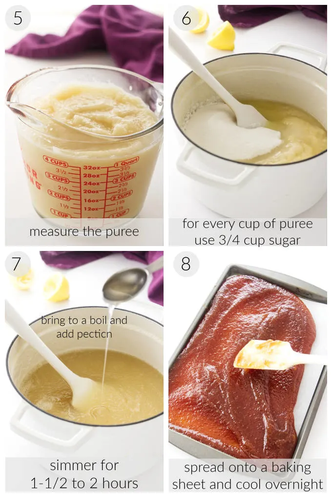 A collage of four photos showing the final steps for how to make pear paste.