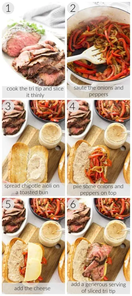 A collage of six photos showing how to make a tri tip sandwich with grilled onions and chipotle aioli.