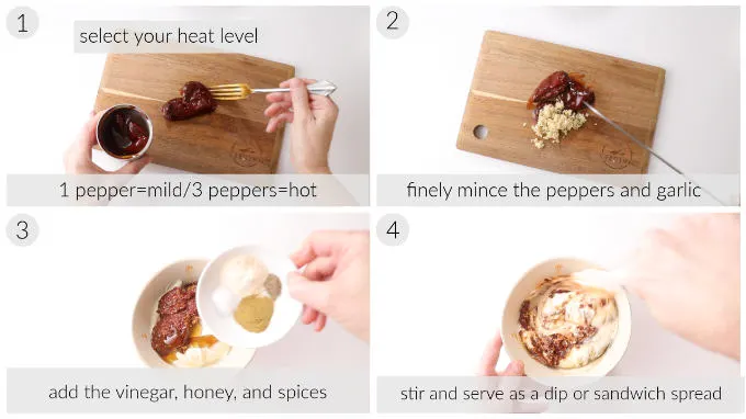 Collage of four photos showing how to make chipotle aioli.