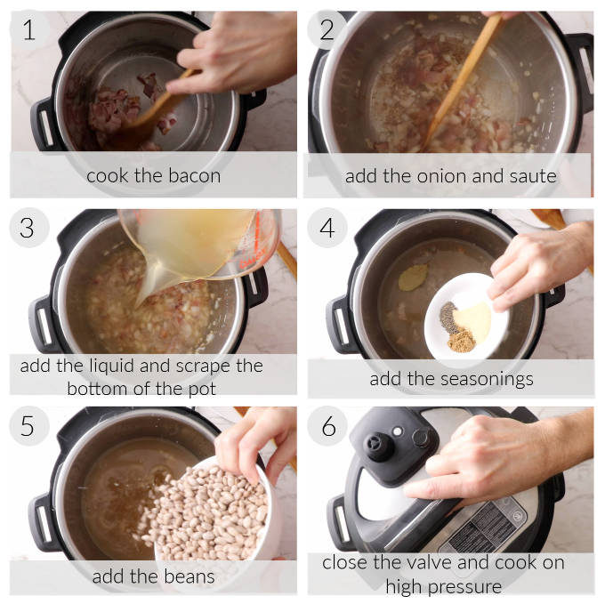 A collage of six photos showing how to make Instant Pot pinto beans.