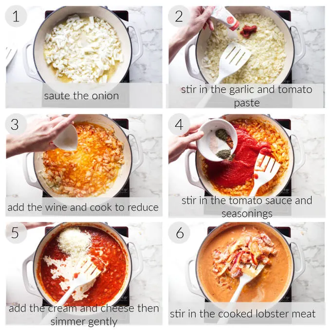 A collage of six photos showing how to make lobster in tomato cream sauce.