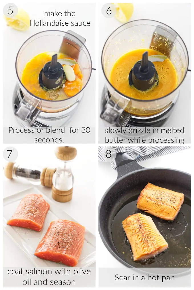 Making dill hollandaise sauce, salmon fillets before/after pan searing