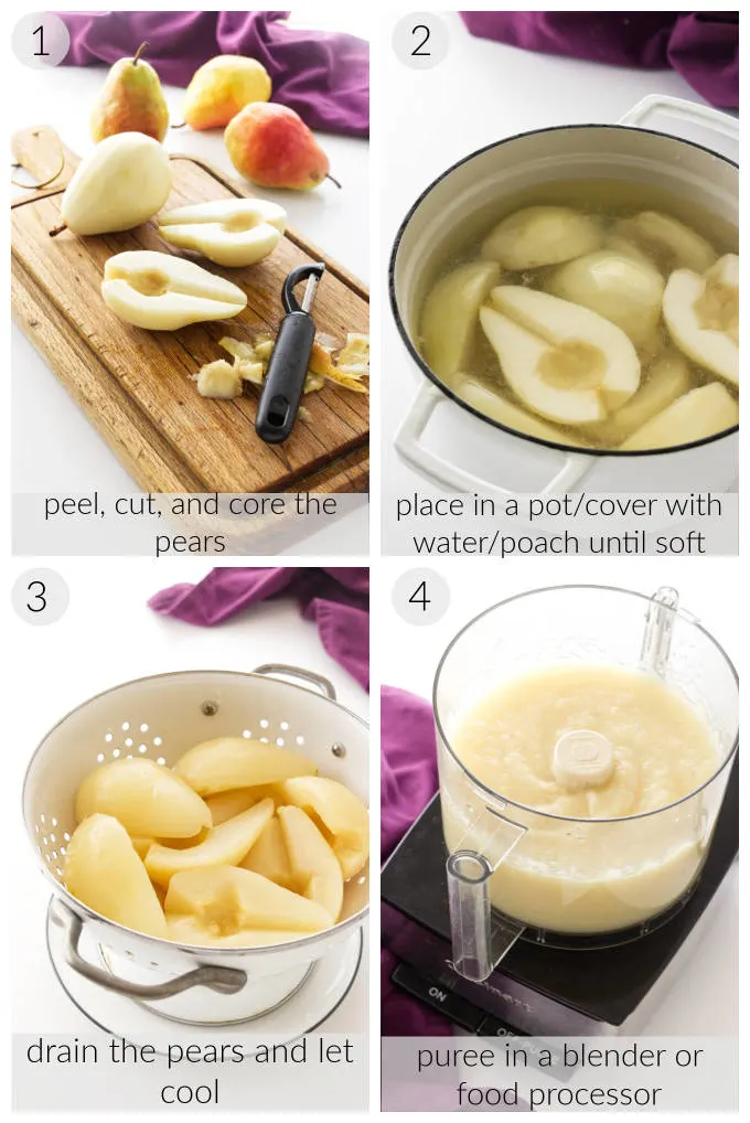 A collage of four photos showing how to make pear paste.