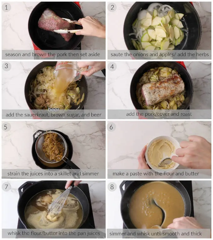 Collage of eight photos showing how to make pork and sauerkraut with pan gravy.