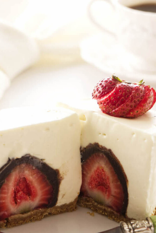 chocolate covered strawberry inside a cheesecake.