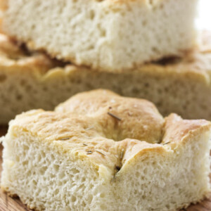 a thick square of light and airy Focaccia bread