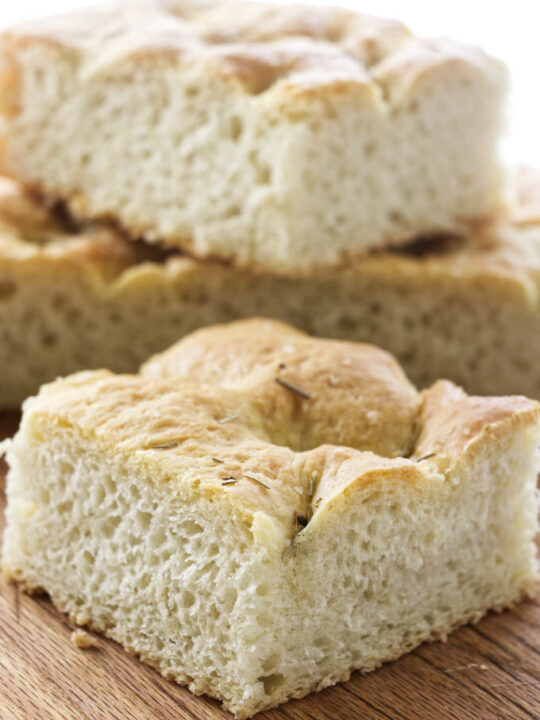 a thick square of light and airy Focaccia bread