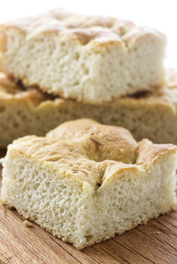 a thick square of light and airy Focaccia bread