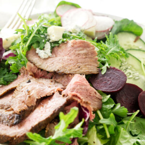 Close up view of grilled Tri-tip salad