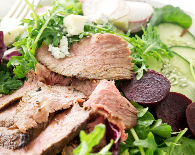 Close up view of grilled Tri-tip salad