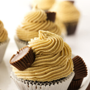 A chocolate cupcake with peanut butter frosting.