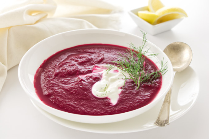a dish of roasted red beet soup