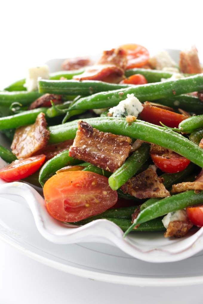 Green bean and bacon salad on a plate.