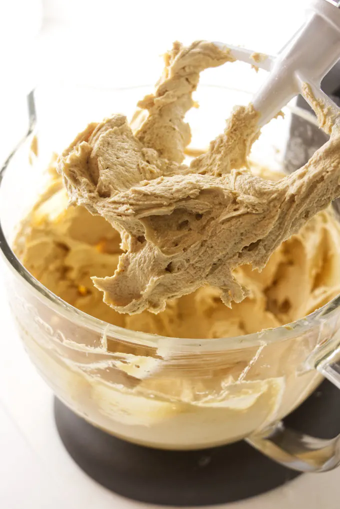Peanut butter cream cheese buttercream in a mixing bowl.