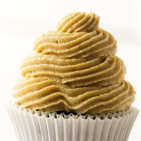 Peanut butter cream cheese frosting on a cupcake.