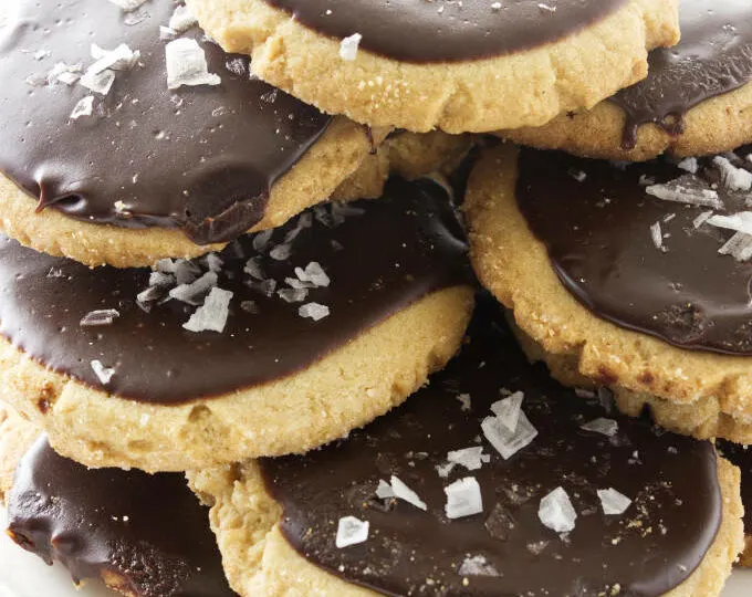 Peanut butter cookies with chocolate glaze and sea salt.