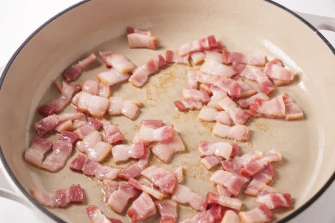 Chopped bacon in a hot skillet.