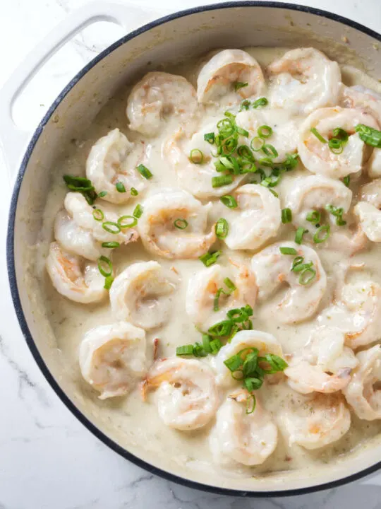 Creamy Chinese coconut shrimp in a skillet.