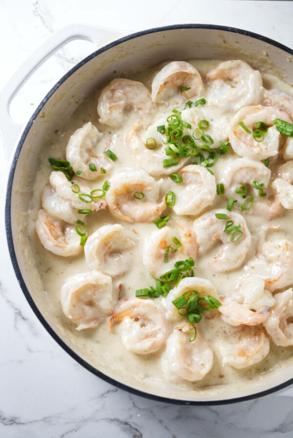 Creamy Chinese coconut shrimp in a skillet.