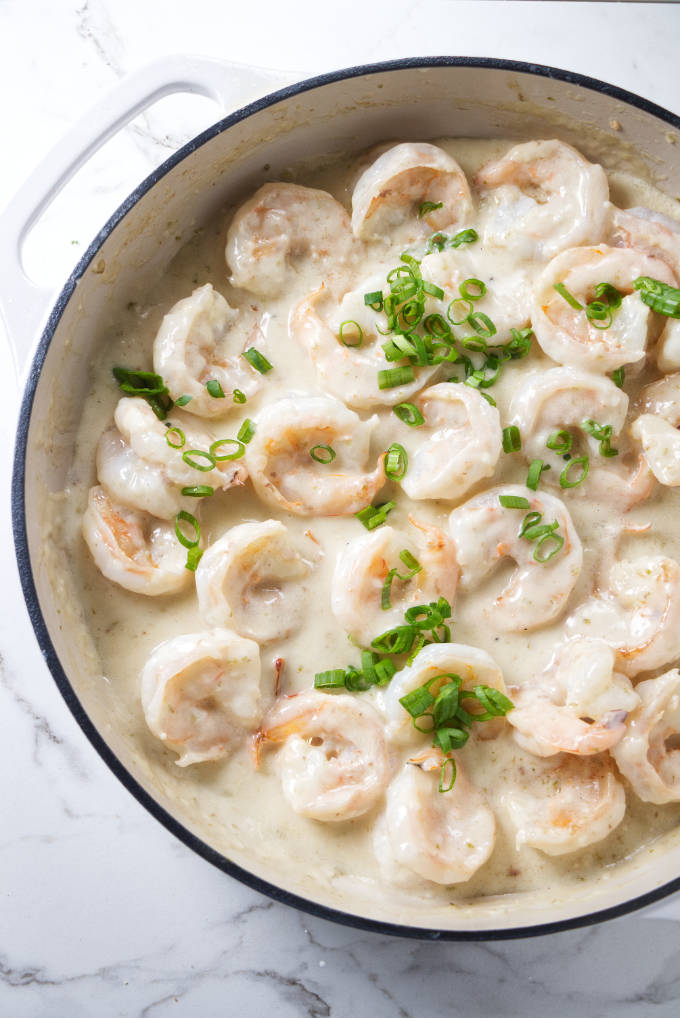 Creamy Chinese coconut shrimp in a skillet.