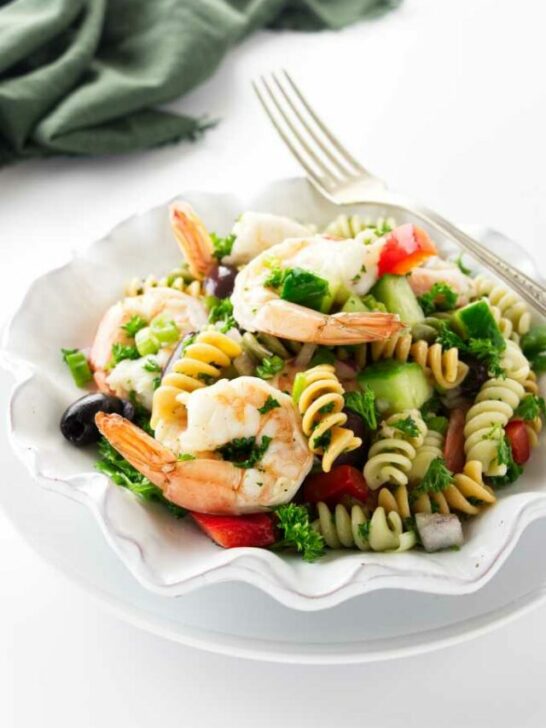 Overhead view of a serving of pasta shrimp salad