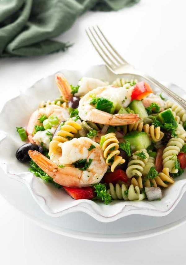 Overhead view of a serving of pasta shrimp salad