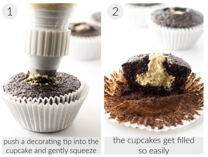 Photos showing how to fill chocolate cupcakes with peanut butter frosting.