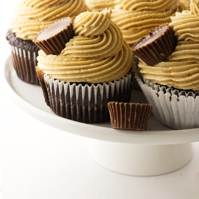 chocolate cupcakes with peanut butter frosting and peanut butter cups.