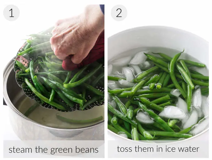 Steaming green beans for a green bean salad with bacon.