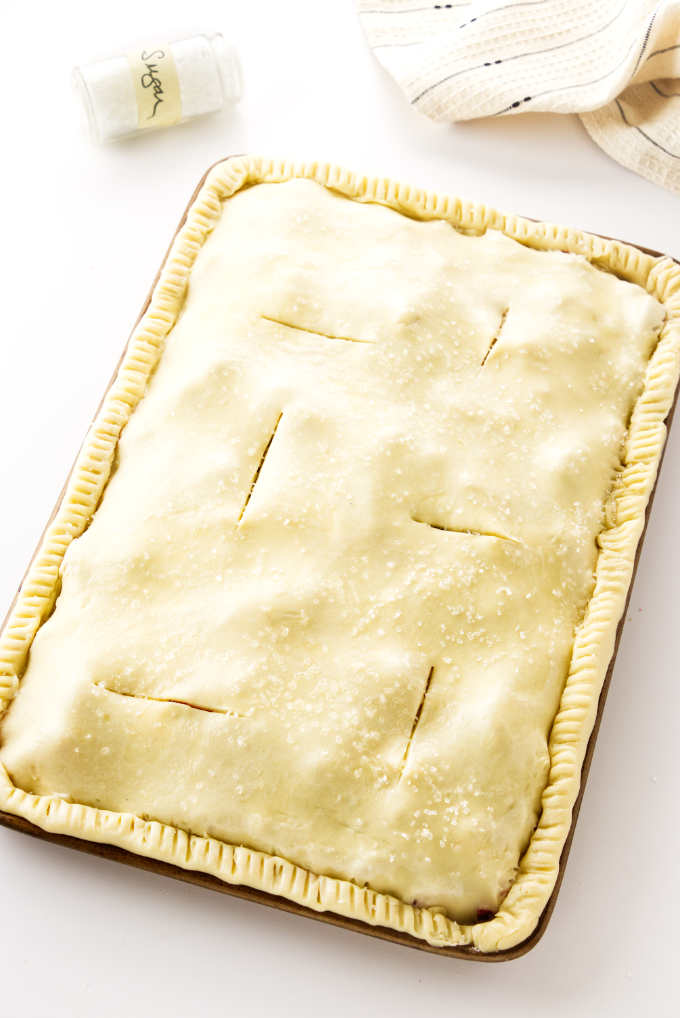 Strawberry-Rhubarb Slab Pie ready to bake