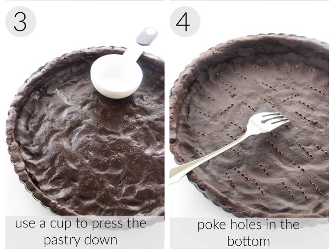 Two photos showing how to make chocolate shortbread crust.