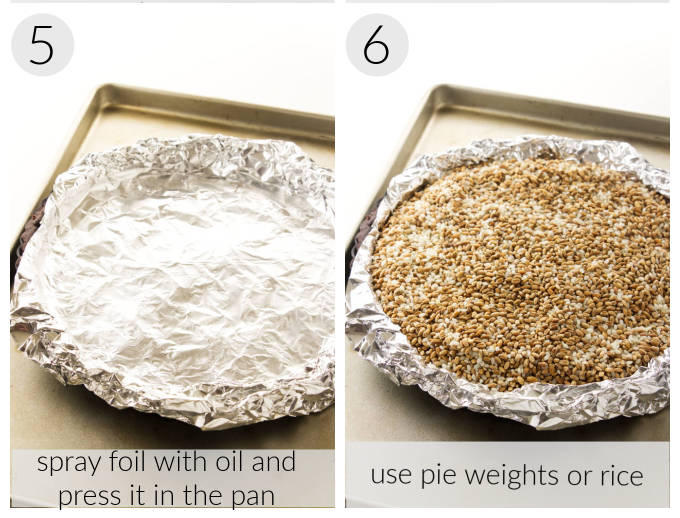 Two photos showing how to blind bake a chocolate shortbread crust.