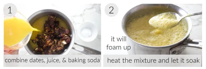 Photos showing how to soak dates in juice and baking soda.