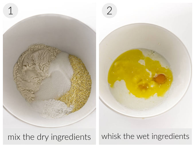 Two photos showing how to mix the batter for jalapeno cheddar cornbread.