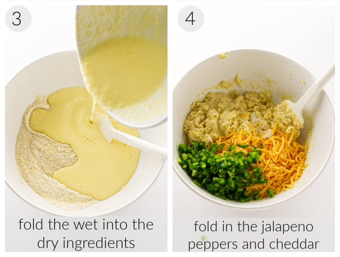 Process photos showing how to mix the batter for jalapeno cornbread.