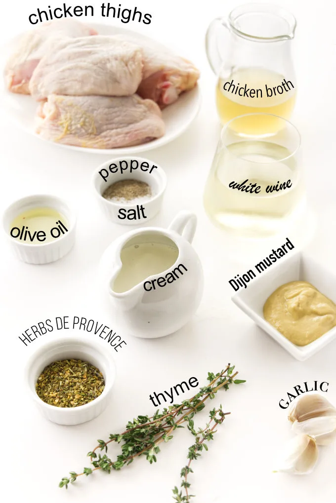 Ingredients for roasted chicken thighs with white wine sauce