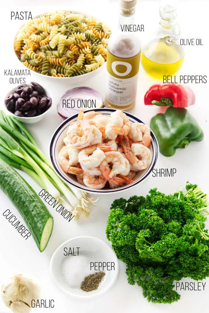 Ingredients for a pasta shrimp salad