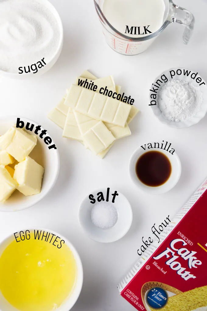 Ingredients used for making a white chocolate cake.