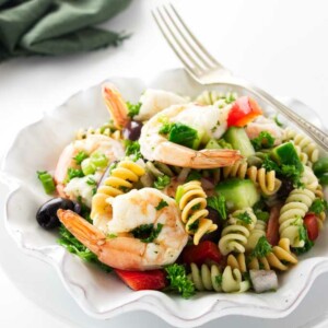 Overhead view of a serving of pasta shrimp salad