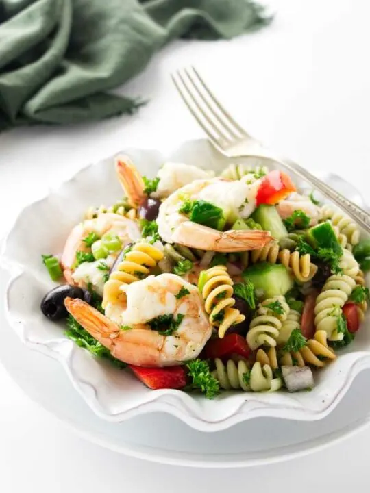 Overhead view of a serving of pasta shrimp salad
