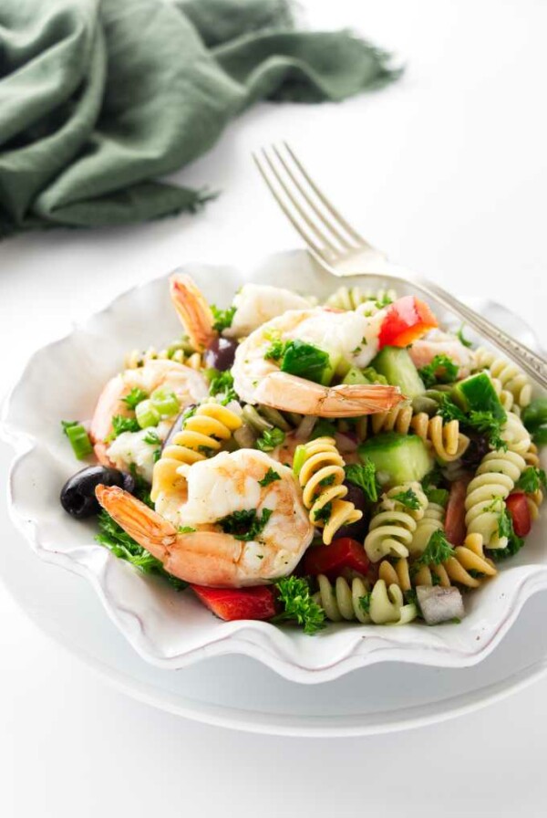 Overhead view of a serving of pasta shrimp salad